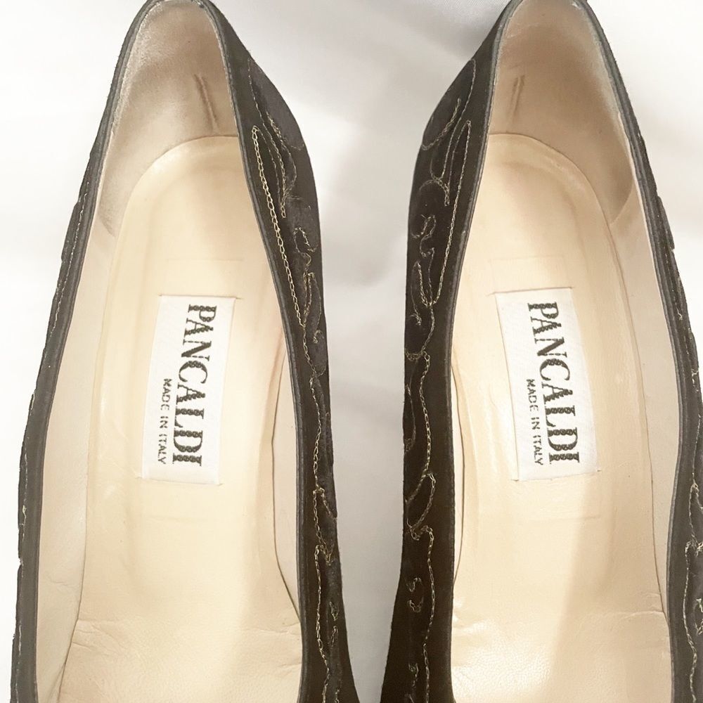 Pancaldi Black Suede Embroidered Heels 7.5” - Picture 2 of 9